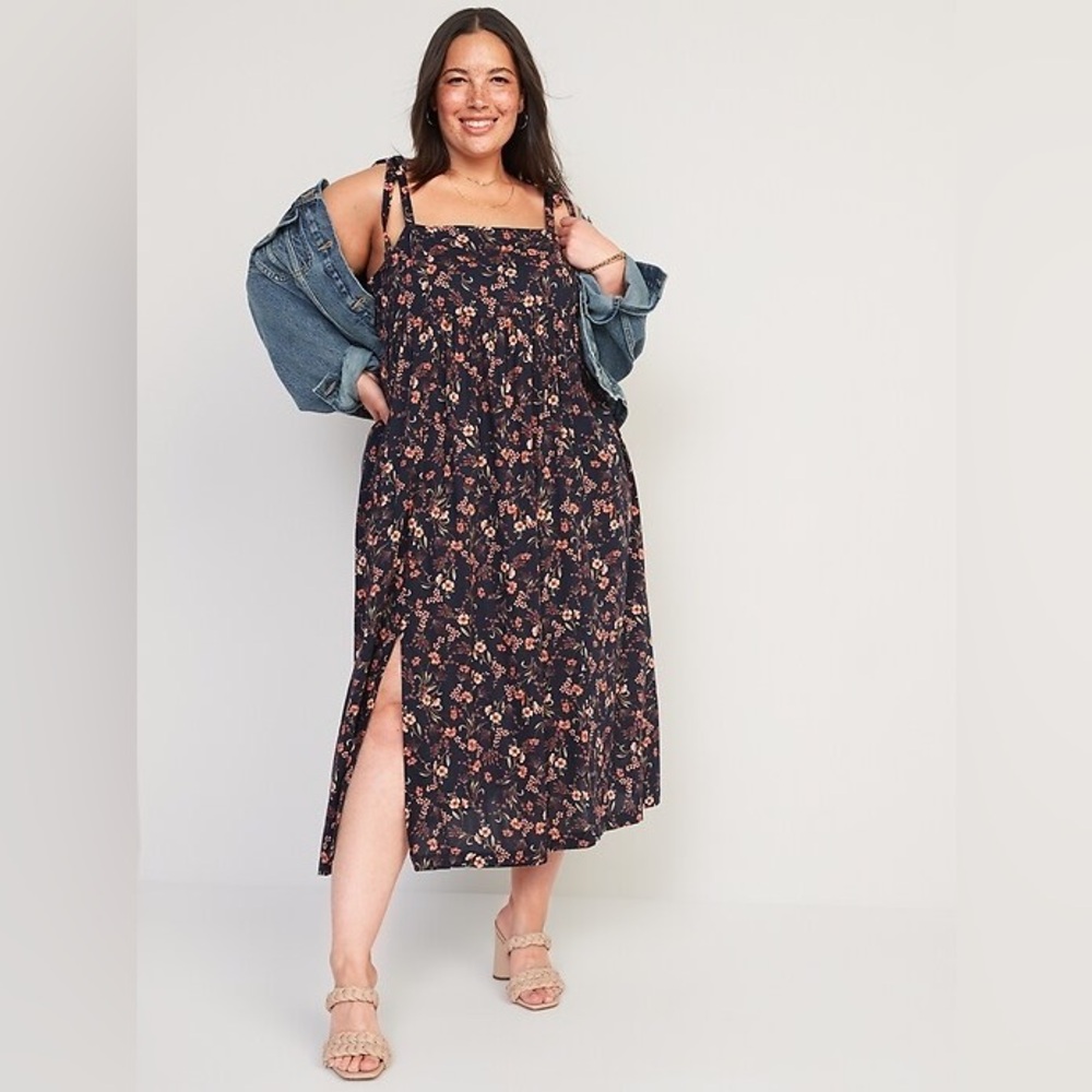 Navy Floral Print Midi Swing Tie Shoulder Square Neck Casual Flowy Summer Dress - Picture 5 of 16